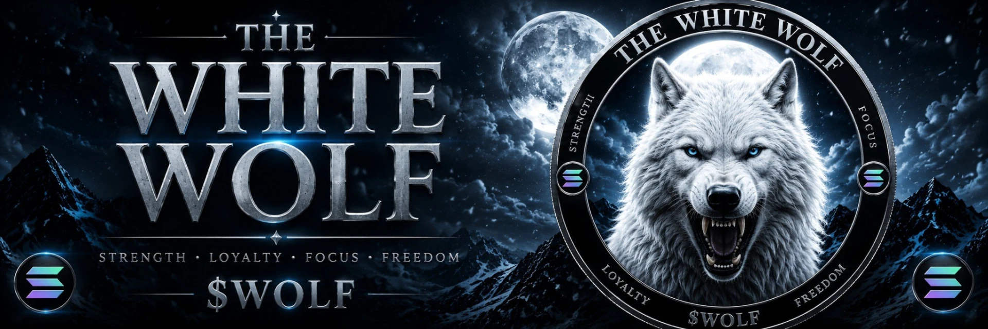 The White Wolf under a full moon over dark snowy mountains